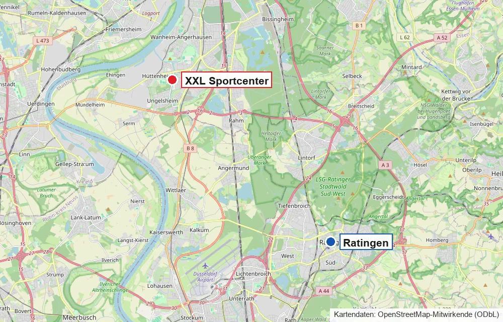 Karte mit Ratingen im Osten und dem XXL Sportcenter im Süden von Duisburg